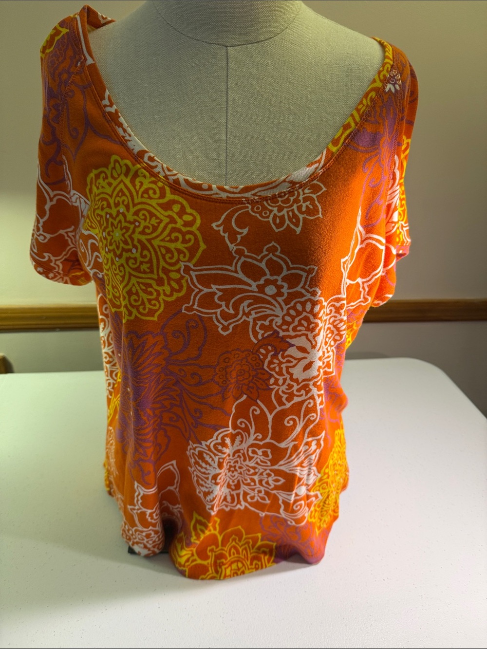 Talbots Orange Floral Scoop-Neck Short Sleeve Top